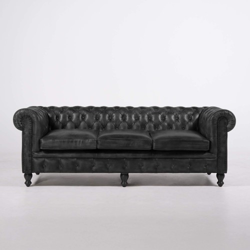 Canapé Chesterfield en cuir véritable noir 3 places - Edward