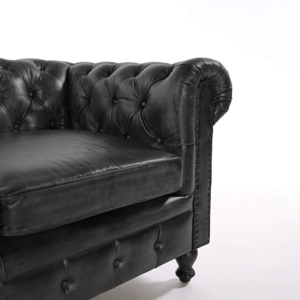Canapé Chesterfield en cuir véritable noir 3 places - Edward