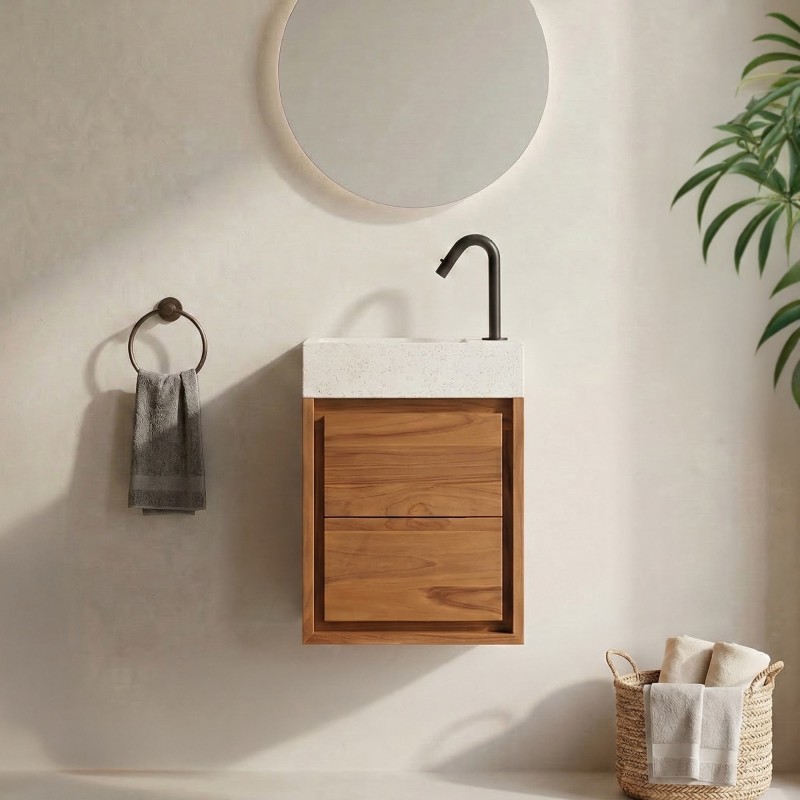 Meuble lave-mains suspendu en bois de teck massif et vasque en terrazzo blanc - Tanvi