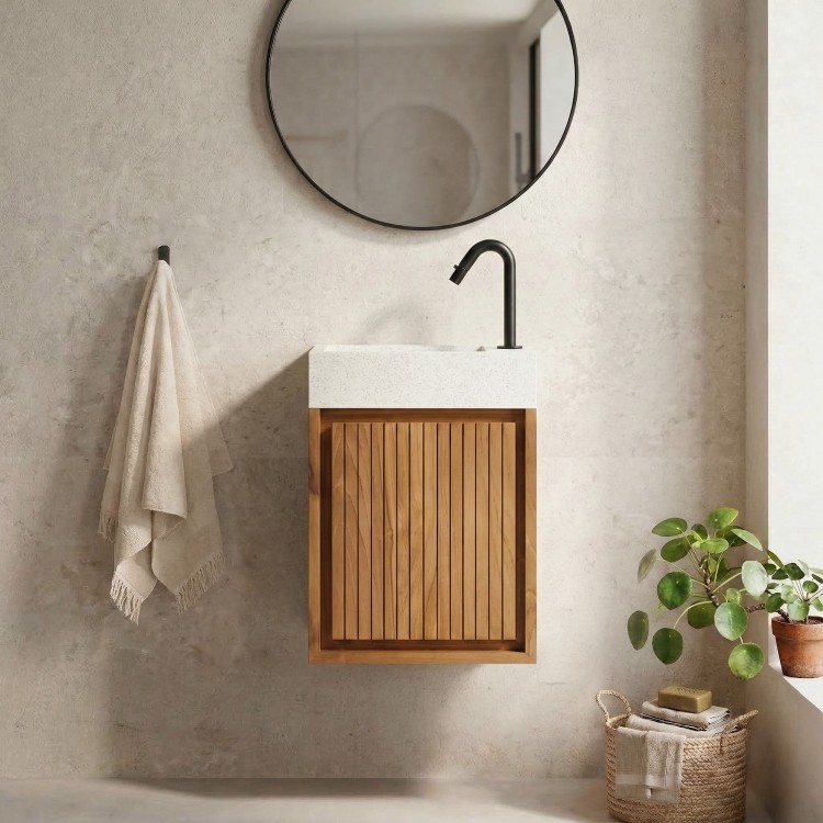 Meuble lave-mains suspendu en bois de teck massif et vasque en terrazzo blanc - Tusti
