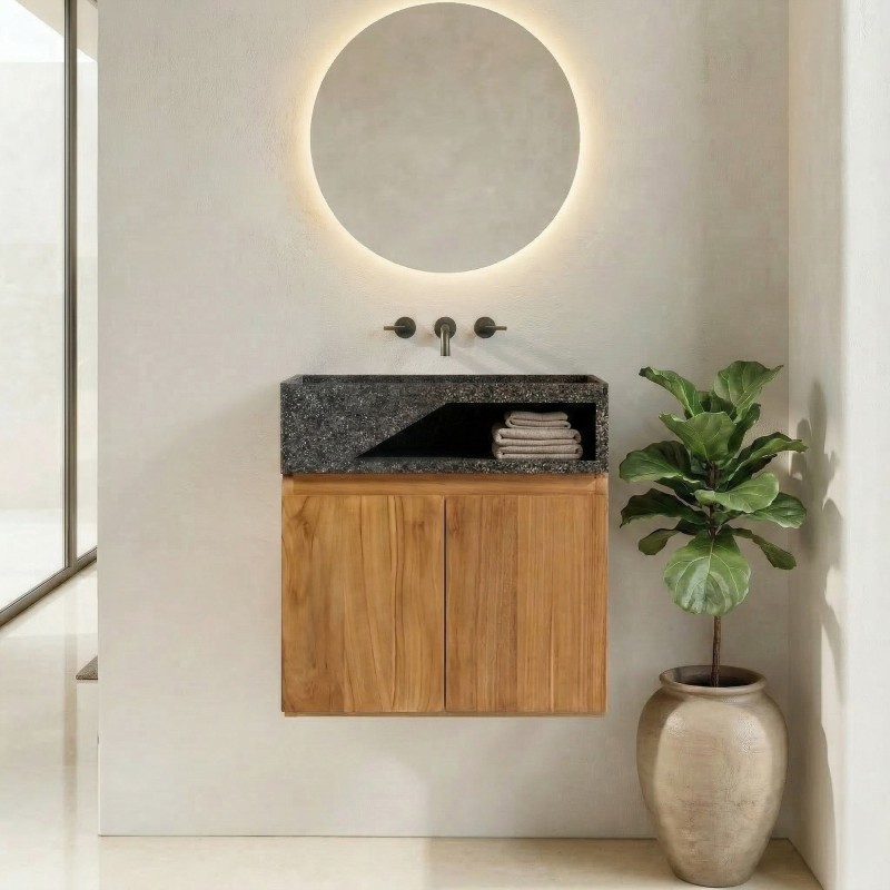 Meuble lave-mains suspendu en bois de teck massif et vasque en terrazzo noir - Tanja