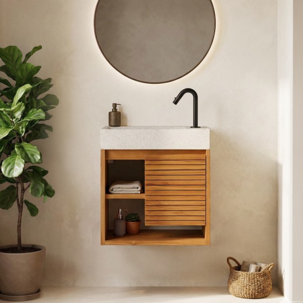Meuble lave-mains suspendu en bois de teck massif et vasque en terrazzo blanc - Balamani
