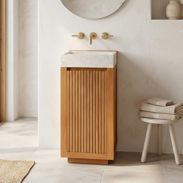 Meuble lave-mains en bois de teck massif et vasque en terrazzo blanc - Kali