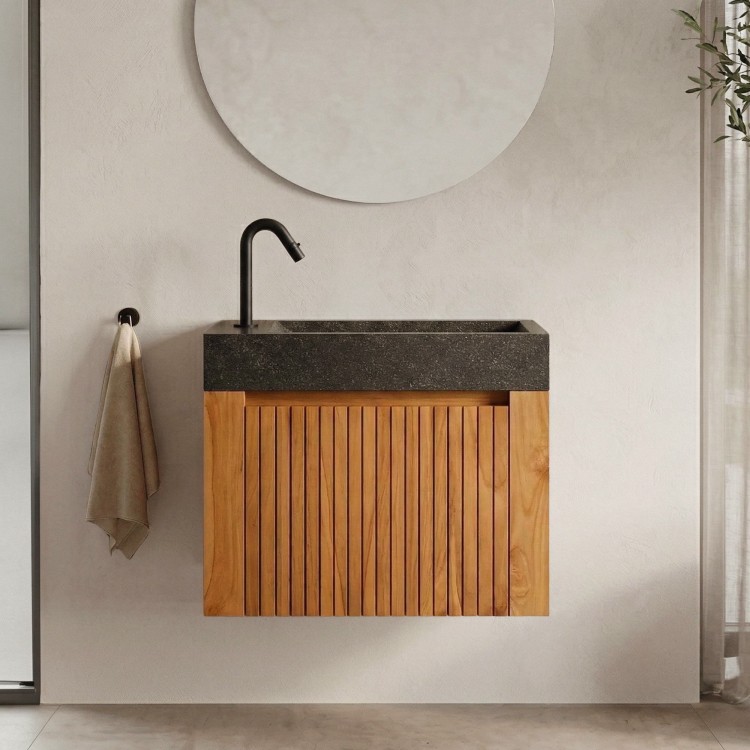 Meuble lave-mains suspendu en bois de teck massif et vasque en terrazzo noir - Nila