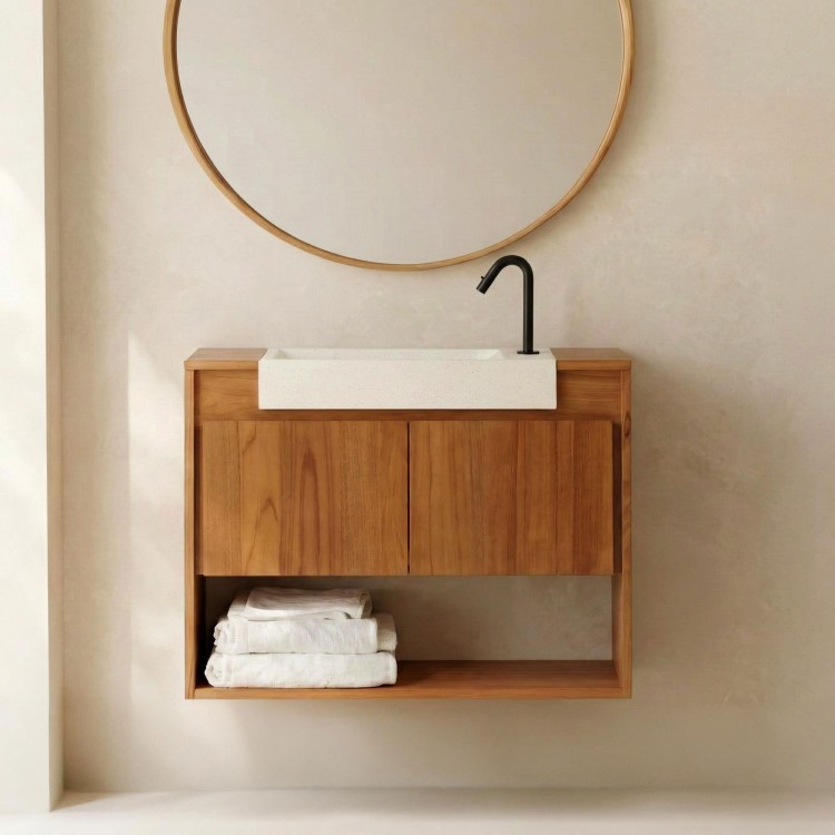 Meuble lave-mains suspendu en bois de teck massif et vasque en terrazzo blanc - Oviya