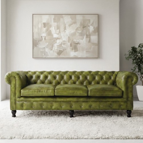 Canapé Chesterfield en cuir véritable vert 3 places - Edward