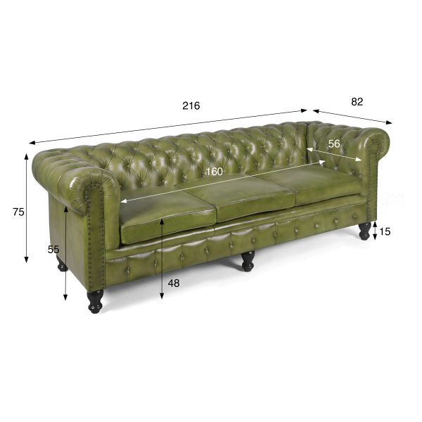 Canapé Chesterfield en cuir véritable vert 3 places - Edward