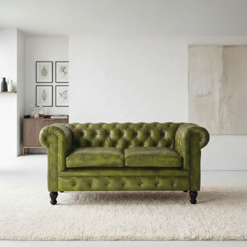 Canapé Chesterfield en cuir véritable vert 2 places - Edward