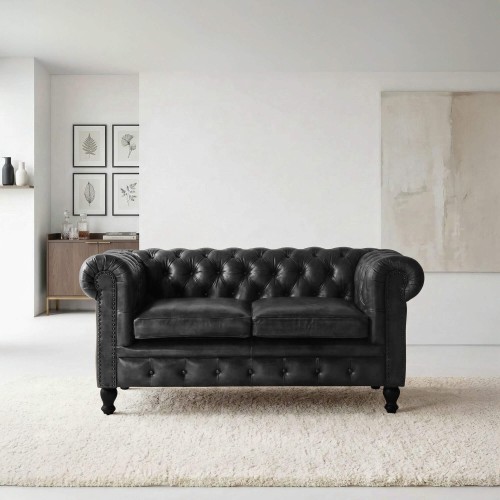 Canapé Chesterfield en cuir véritable noir 2 places - Edward