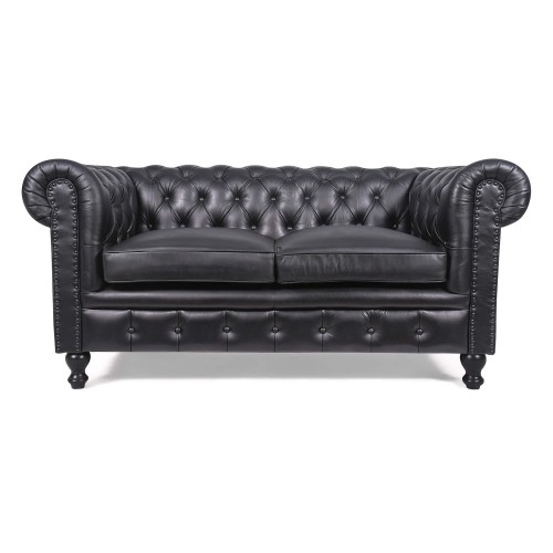 Canapé Chesterfield en cuir véritable noir 2 places - Edward