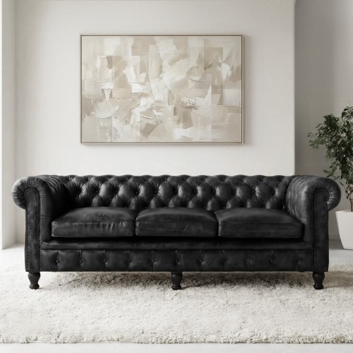 Canapé Chesterfield en cuir véritable noir 3 places - Edward