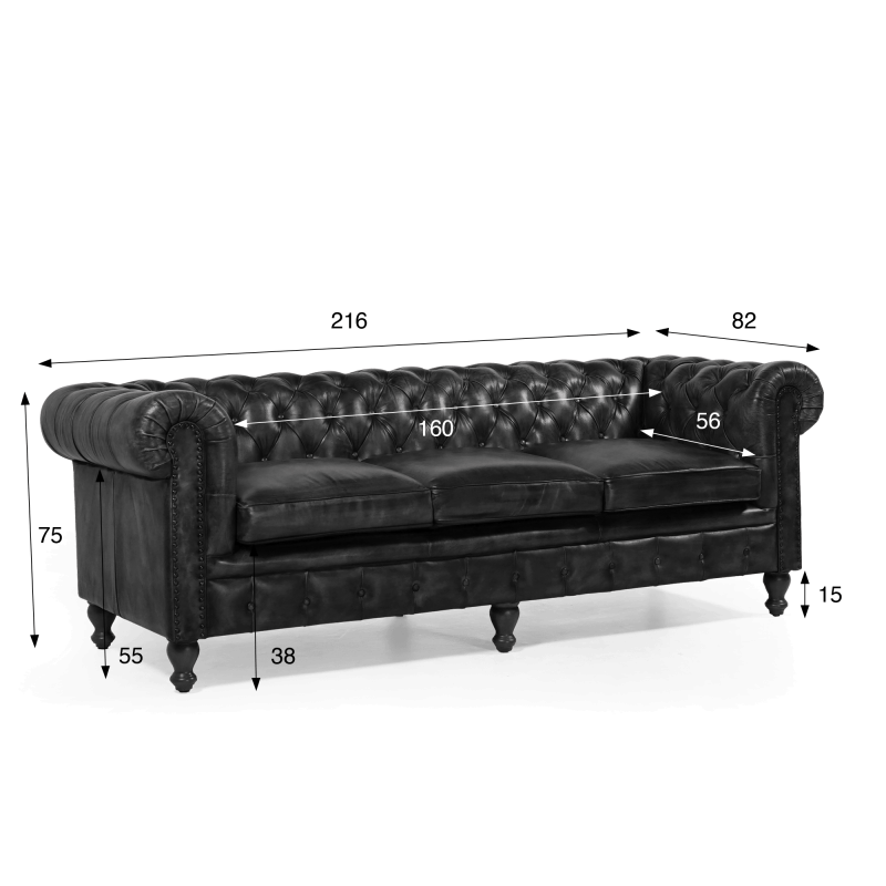 Canapé Chesterfield en cuir véritable noir 3 places - Edward