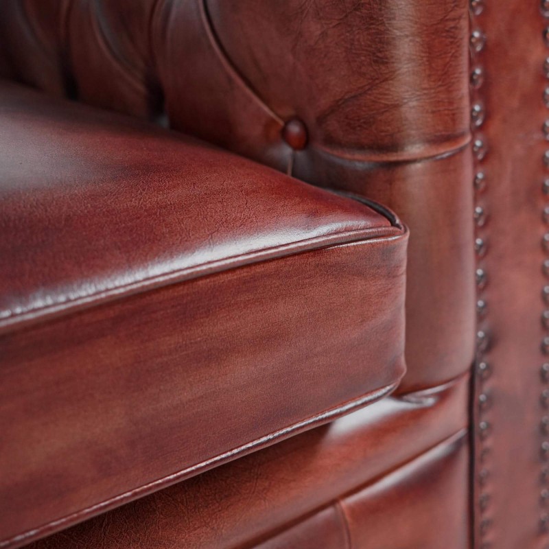Canapé Chesterfield en cuir véritable bordeaux 3 places - Edward