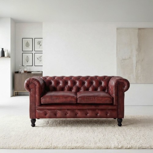 Canapé Chesterfield en cuir véritable bordeaux 2 places - Edward