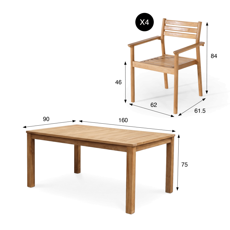 Ensemble table et chaises de jardin en bois de teck 4 personnes