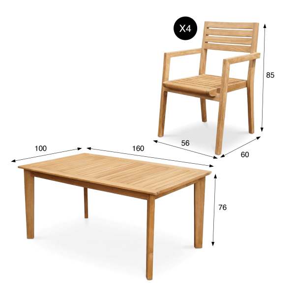 Ensemble table et chaises de jardin en bois de teck 4 personnes - Nobu