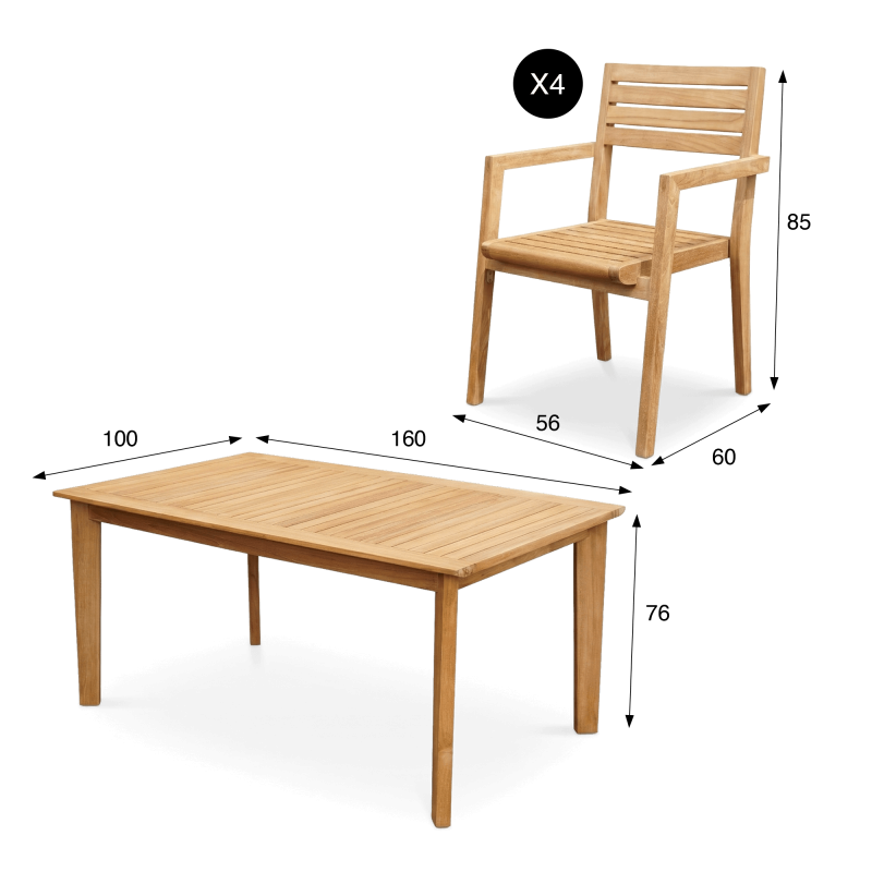 Ensemble table et chaises de jardin en bois de teck 4 personnes - Nobu