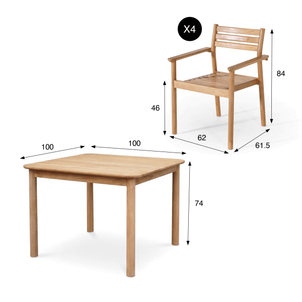 Ensemble table et chaises de jardin en bois de teck 4 personnes - Sento