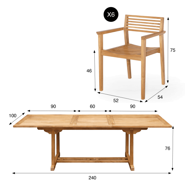 Ensemble table et chaises de jardin en bois de teck 6 personnes