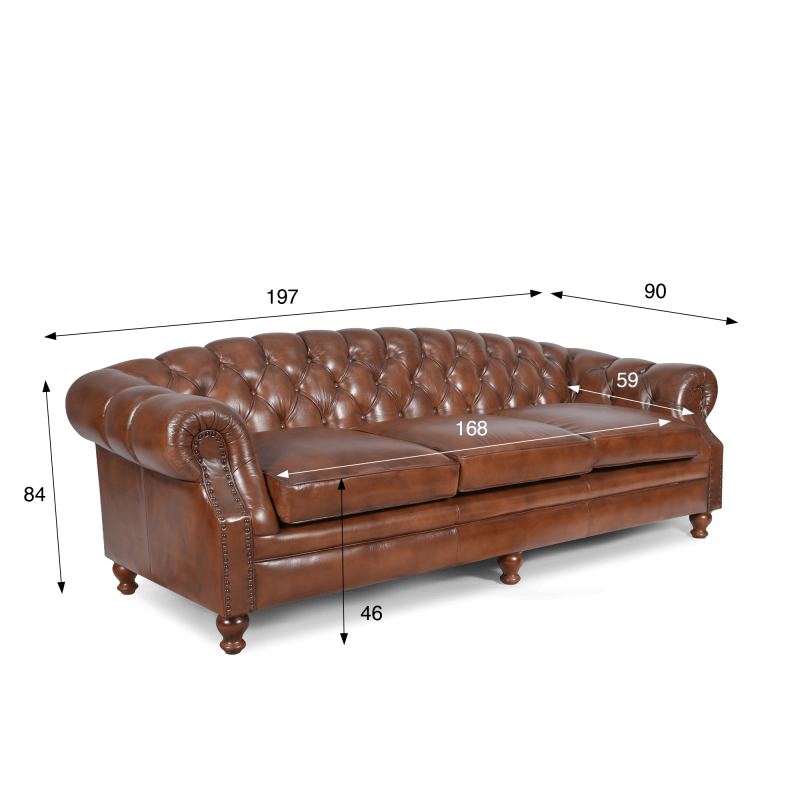 Canapé Chesterfield en cuir véritable marron 3 places - Harold