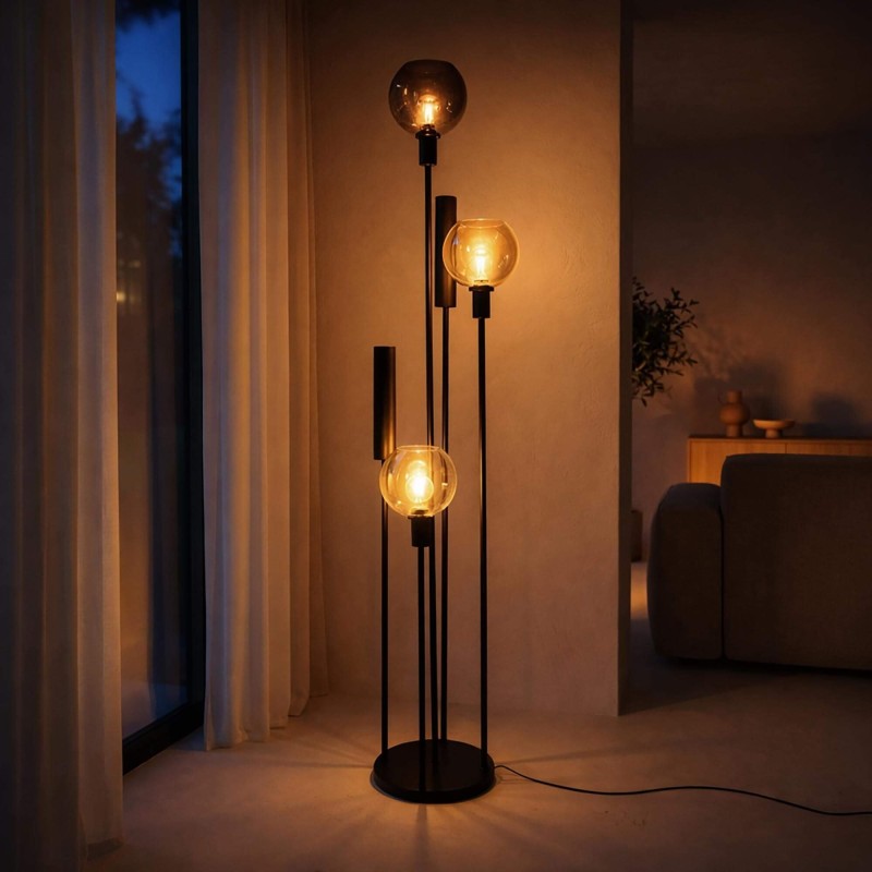 Lampadaire de salon avec abat-jour en verre et métal noir - Sfera