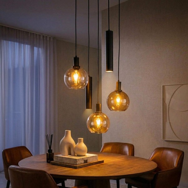 Lampe en suspension avec abat-jour en verre et métal noir - Sfera