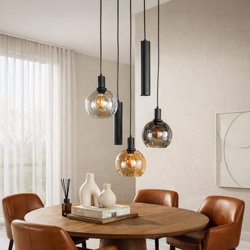 Lampe en suspension avec abat-jour en verre et métal noir - Sfera