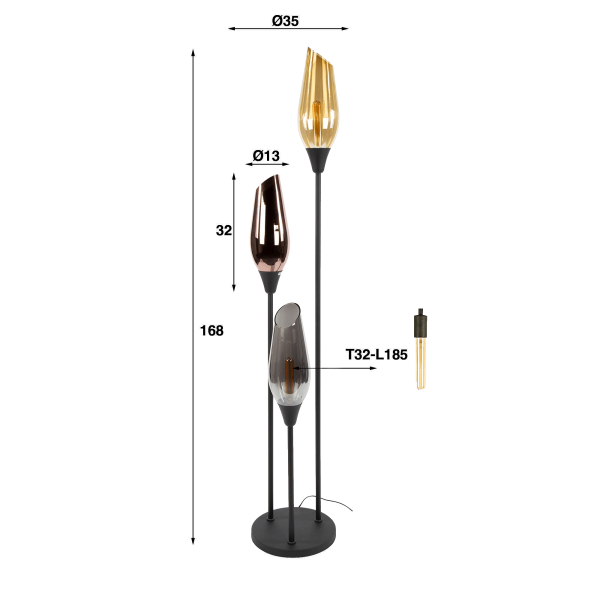 Lampadaire design en métal noir avec abat-jour en verre ambré - Barton