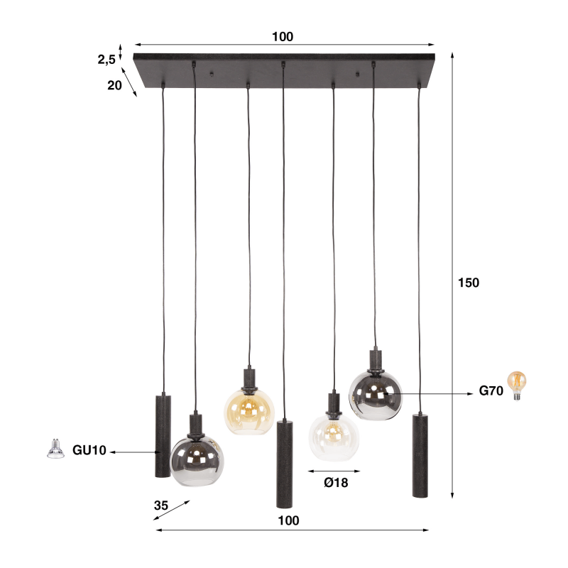 Luminaire en suspension avec abat-jour en verre et métal noir - Sfera