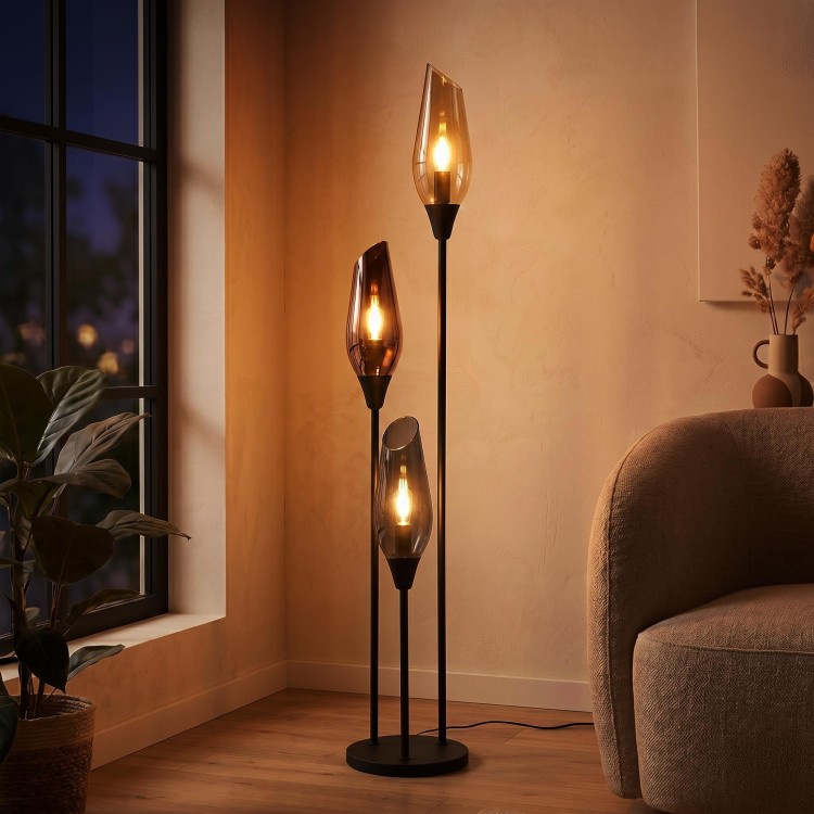 Lampadaire design en métal noir avec abat-jour en verre ambré - Barton