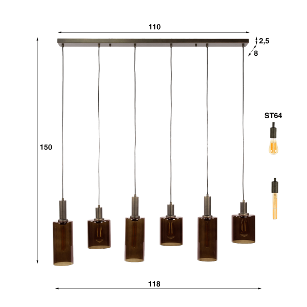 Luminaire en suspension en métal brun et verre fumé - Zenton