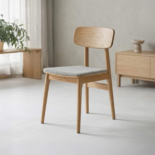 Chaise de salle à manger en chêne naturel et tissu gris - Lima