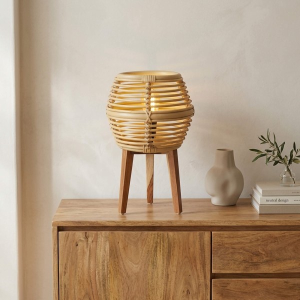 Lampe à poser en rotin et bois de teck - Yumi