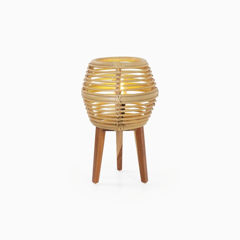 Lampe à poser en rotin et bois de teck - Yumi