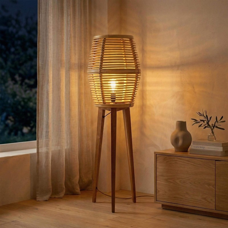 Lampe sur pied en rotin et bois de teck - Yumi