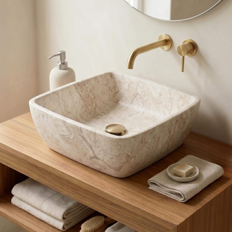 Vasque carrée de salle bain à poser en pierre - Sakura