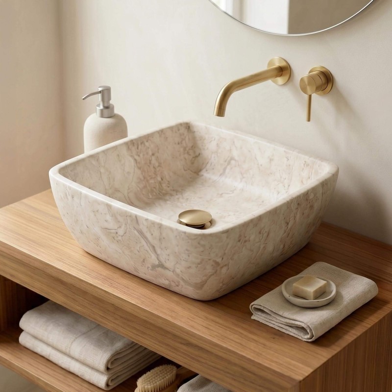 Vasque carrée de salle bain à poser en pierre - Sakura