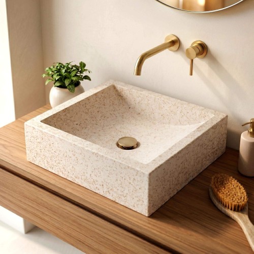 Vasque rectangulaire en terrazzo blanc 45 cm x 40 cm - Mayuri
