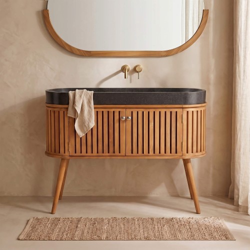 Meuble de salle de bain 120 cm en teck massif et vasque en terrazzo noir - Keya