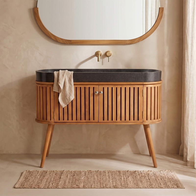 Meuble de salle de bain 120 cm en teck massif et vasque en terrazzo noir - Keya
