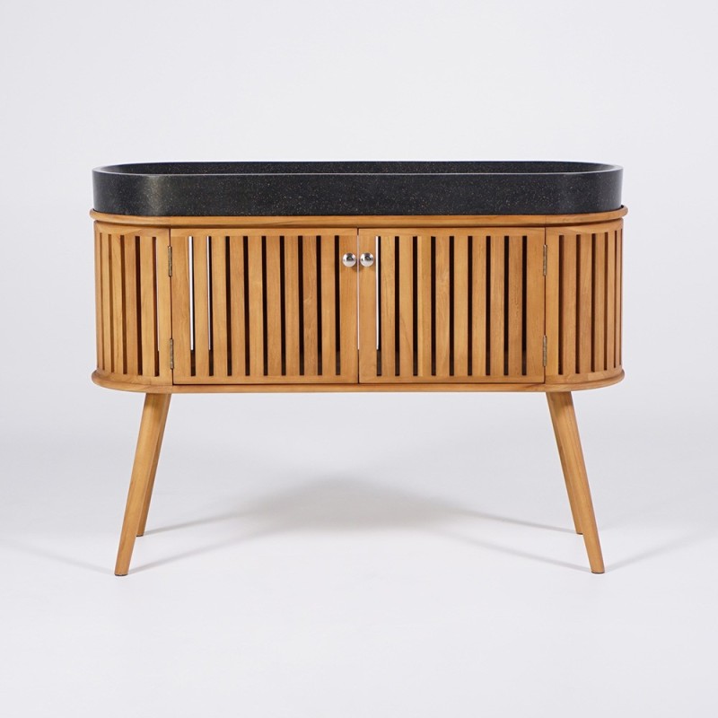 Meuble de salle de bain 120 cm en teck massif et vasque en terrazzo noir - Keya