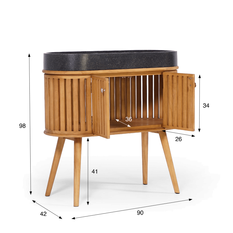 Meuble de salle de bain 90 cm en teck massif et vasque en terrazzo noir - Keya