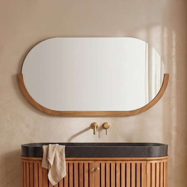 Miroir 120 cm avec bords arrondis et encadrement en teck - Keya