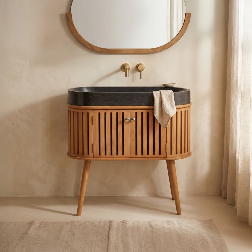 Meuble de salle de bain 90 cm en teck massif et vasque en terrazzo noir - Keya