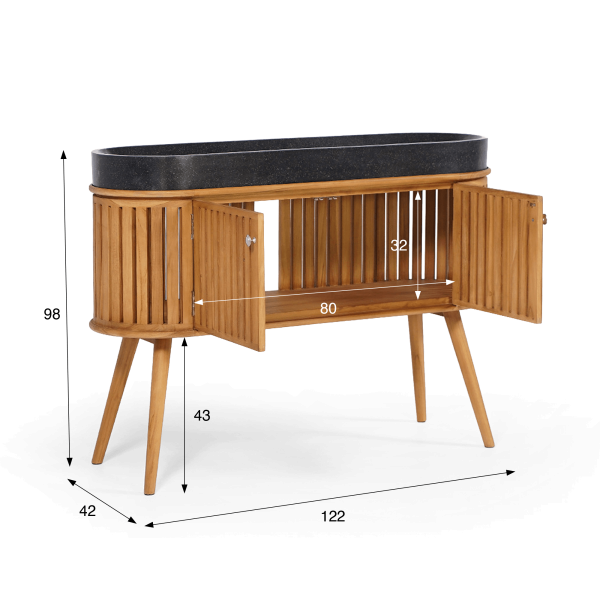 Meuble de salle de bain 120 cm en teck massif et vasque en terrazzo noir - Keya