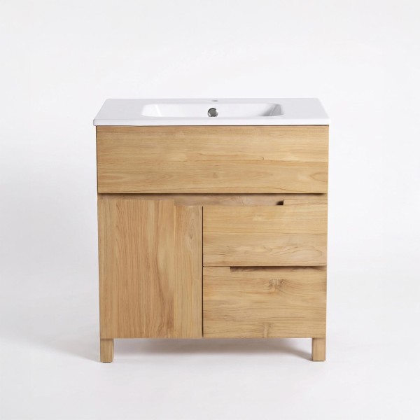 Meuble de salle de bain en bois massif de teck 80 cm, finition brillant - Olwen