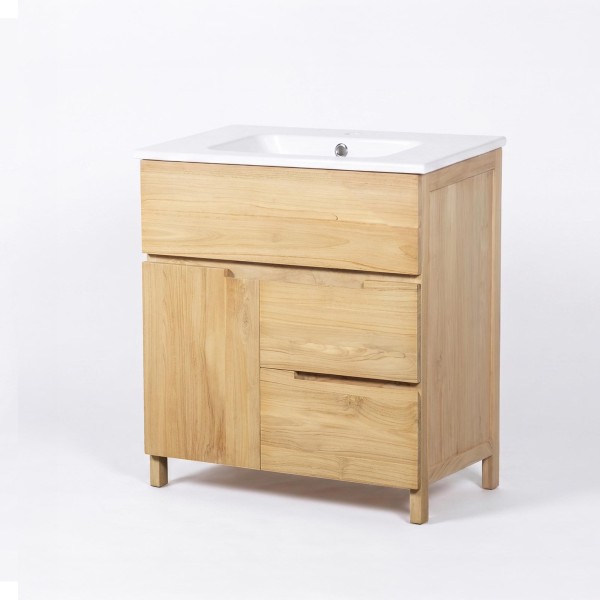 Meuble de salle de bain en bois massif de teck 80 cm, finition brillant - Olwen