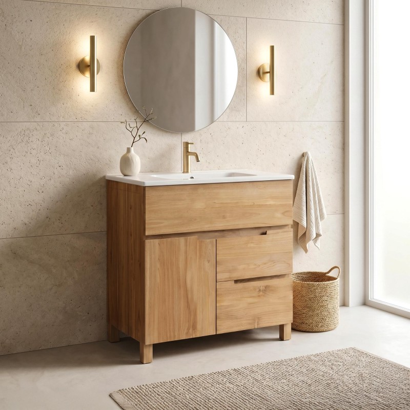 Meuble de salle de bain en bois massif de teck 80 cm, finition brillant - Olwen