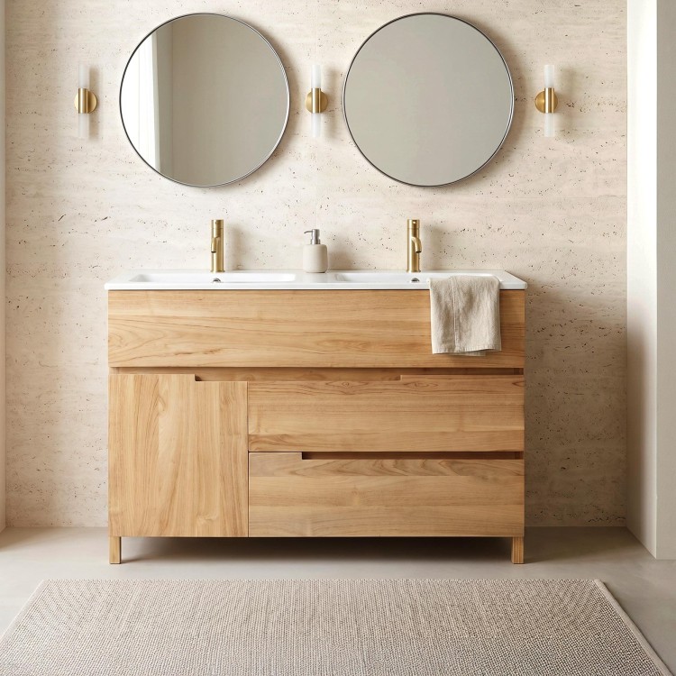 Meuble de salle de bain en bois massif de teck 120 cm, finition brillant - Olwen