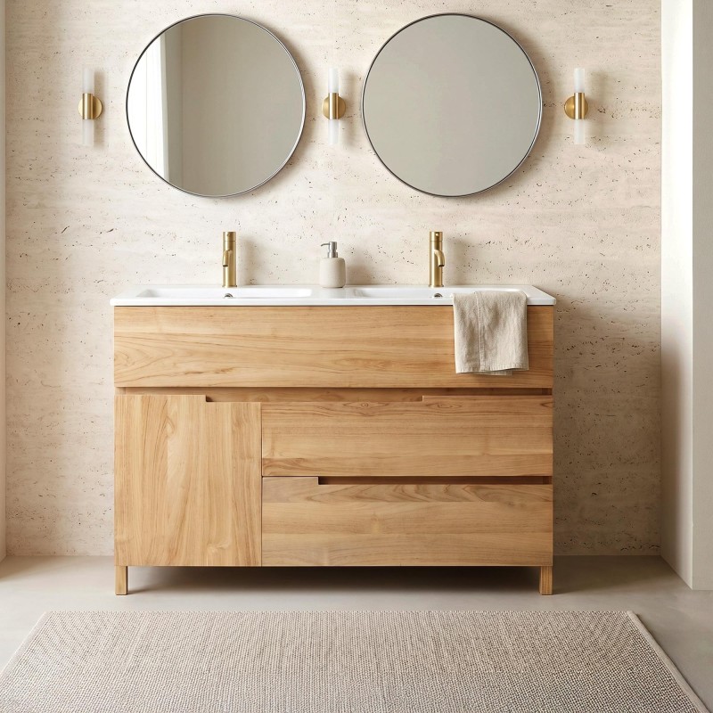 Meuble de salle de bain en bois massif de teck 120 cm, finition brillant - Olwen